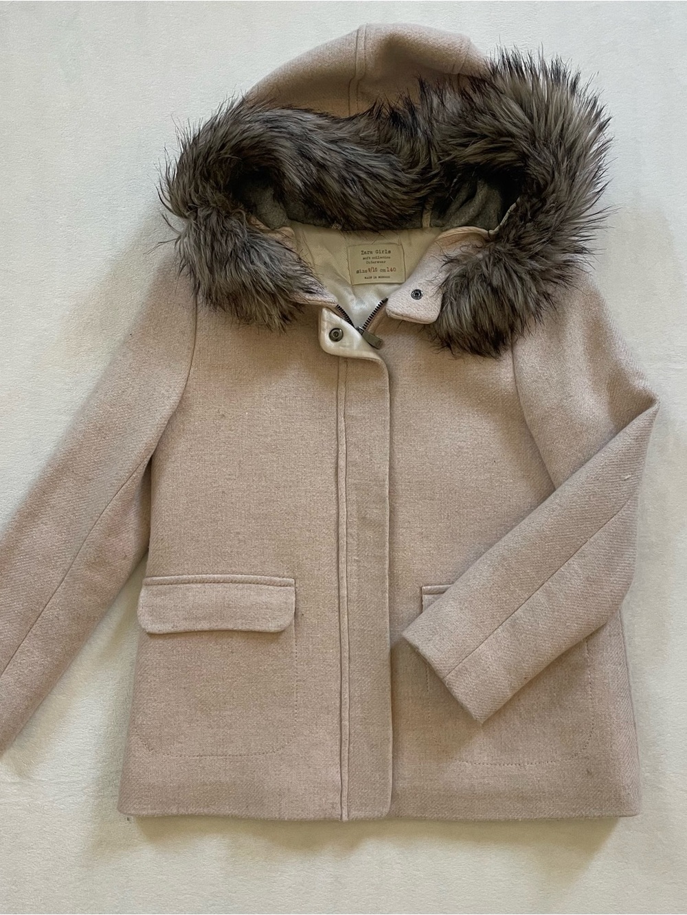 Zara Kids Hooded Coat with Faux Fur Trim